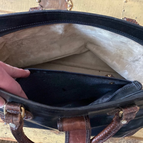 VINTAGE BRAHMIN DESIGNER BLACK 100% LEATHER BROWN CROC STRUCTURED BAG PURSE - Picture 7 of 16